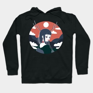 Cute Geisha Design ‚Under the Red Moon‘ | Kawaii Gifts | Handmade Illustration | By Atelier Serakara Hoodie